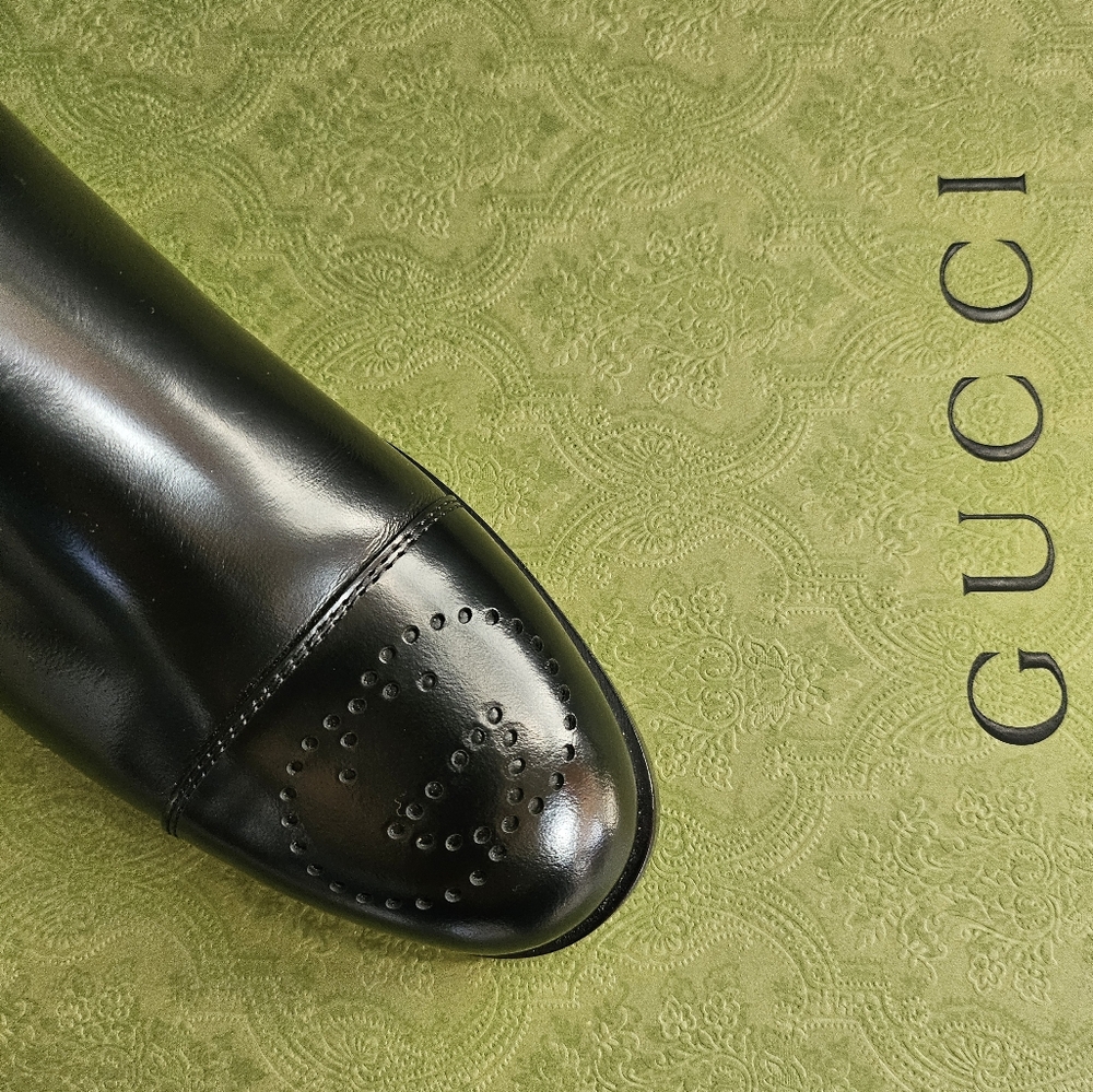 GUCCI Aria Horsebit Harness Leather GG Logo Knee High Riding Boot Sz 38 /US8 NEW - Picture 5 of 8
